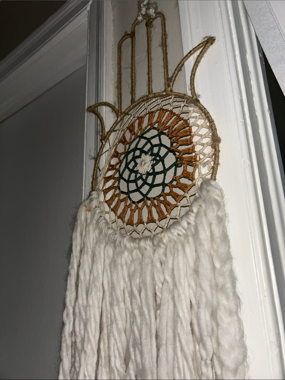 Handwoven Hamsa Dreamcatcher Wall Hanging - Cream, Tan, Green LARGE